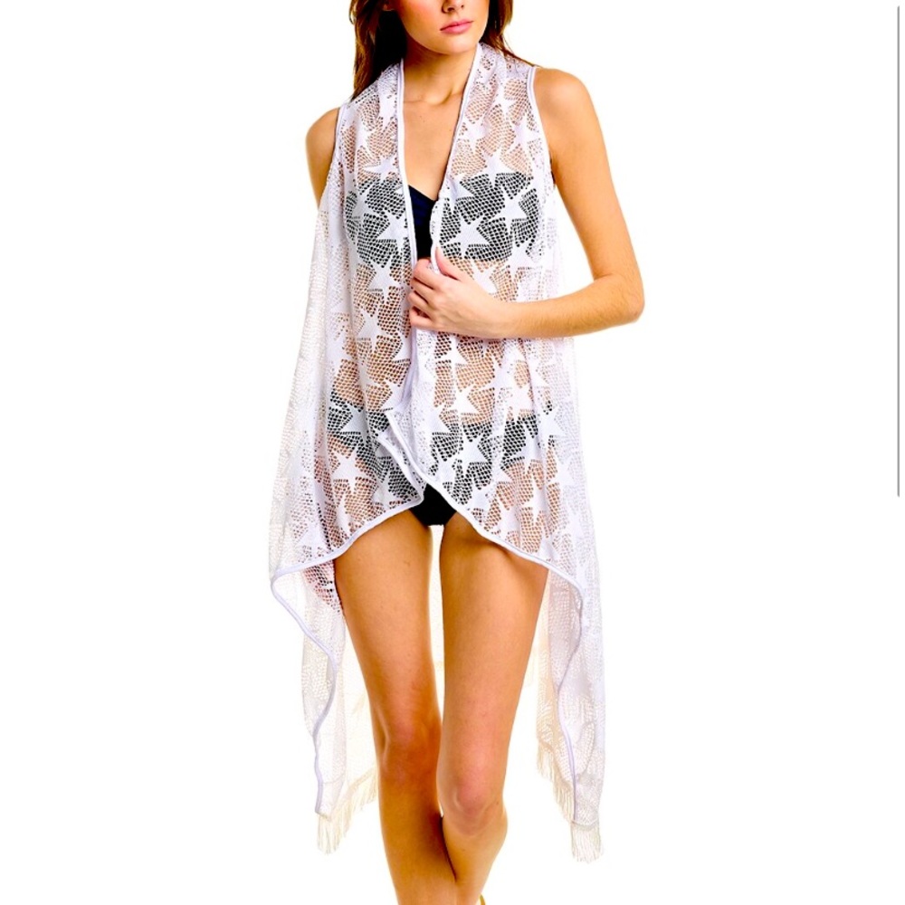 HOST PIC ANNA KAY WHITE STAR CROCHET DESIGN COVER-UP WITH FRINGE TRIM SZ MEDIUM